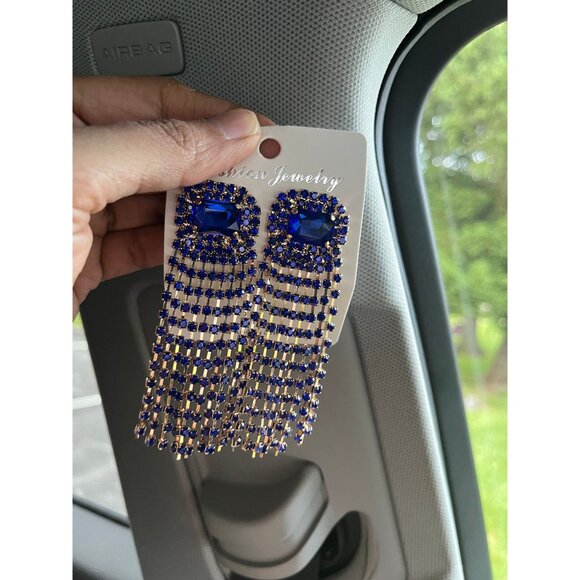 royal blue earrings , long fringe blue crystal long chandelier gold earrings - Picture 6 of 6